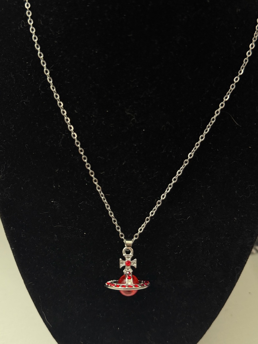 Vivienne Westwood Silver Necklace with Red Orb and Crystal-Accented Orb Pendant